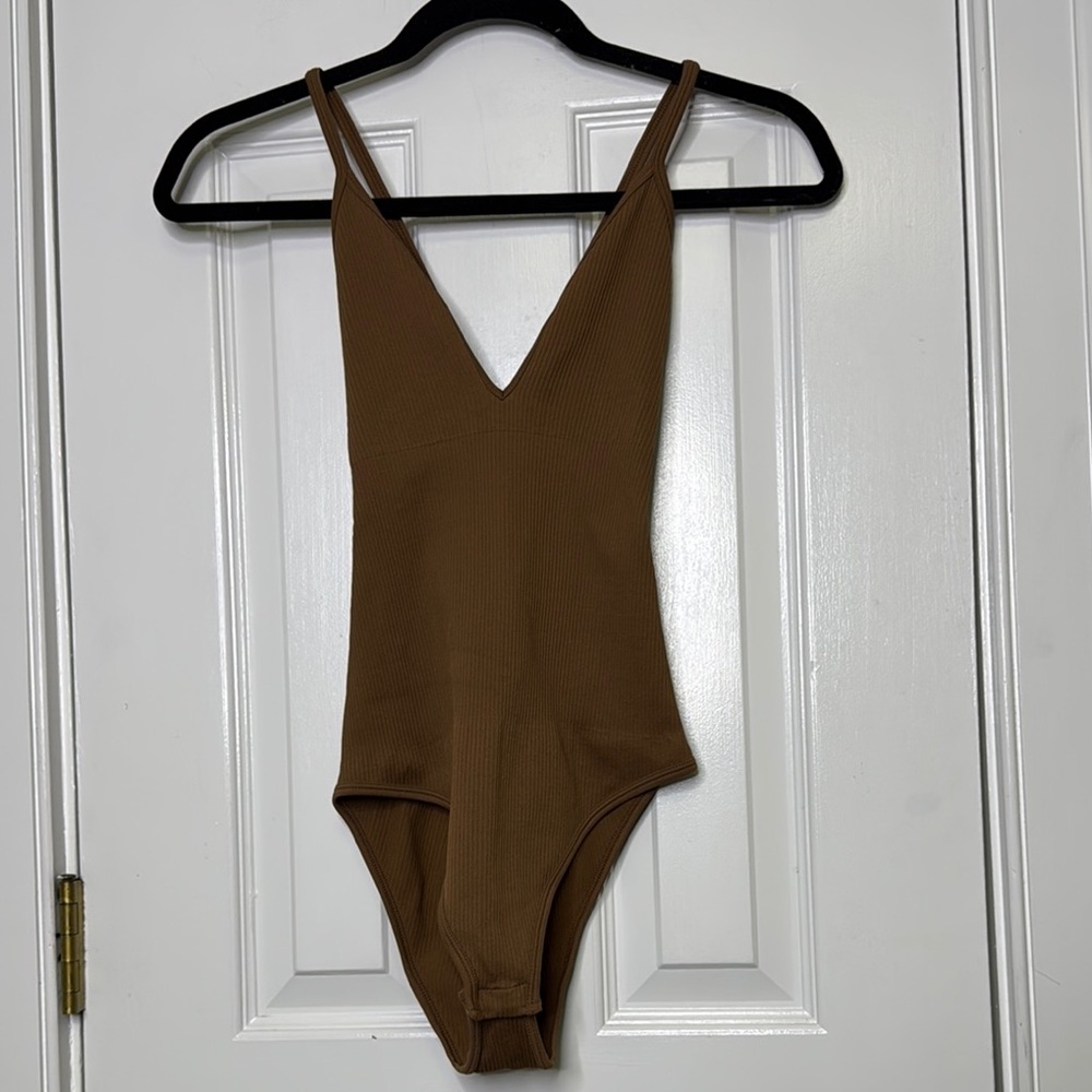 Brown Bodysuit with Plunging V-Neck and High-Cut Legs NWOT
